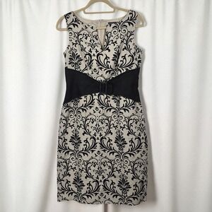 Liz‎ Claiborne Dress Woman 6 Linen Black Beige Damask Sleeveless Sheath Babydoll